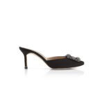 MANOLO BLAHNIK HANGISIMU BLACK SATIN JEWEL BUCKLE MULES 9XX-0726-0054