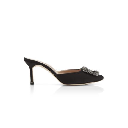 MANOLO BLAHNIK HANGISIMU BLACK SATIN JEWEL BUCKLE MULES 9XX-0726-0054