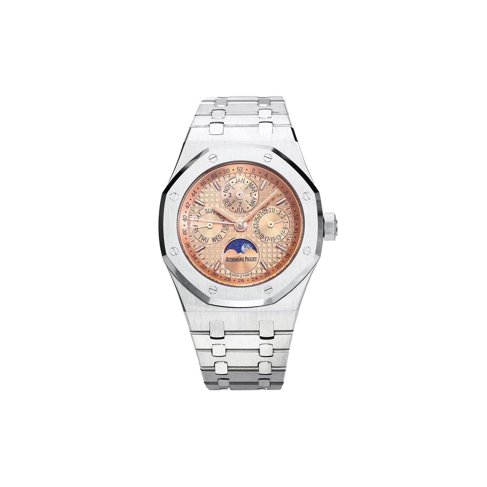0234773141d4fa51ab3862a16b10dc8ee471a2f4 AUDEMARS PIGUET ROYAL OAK PERPETUAL SALMON DIAL WATCH 26615TI.OO.1220TI.01 - Image 1