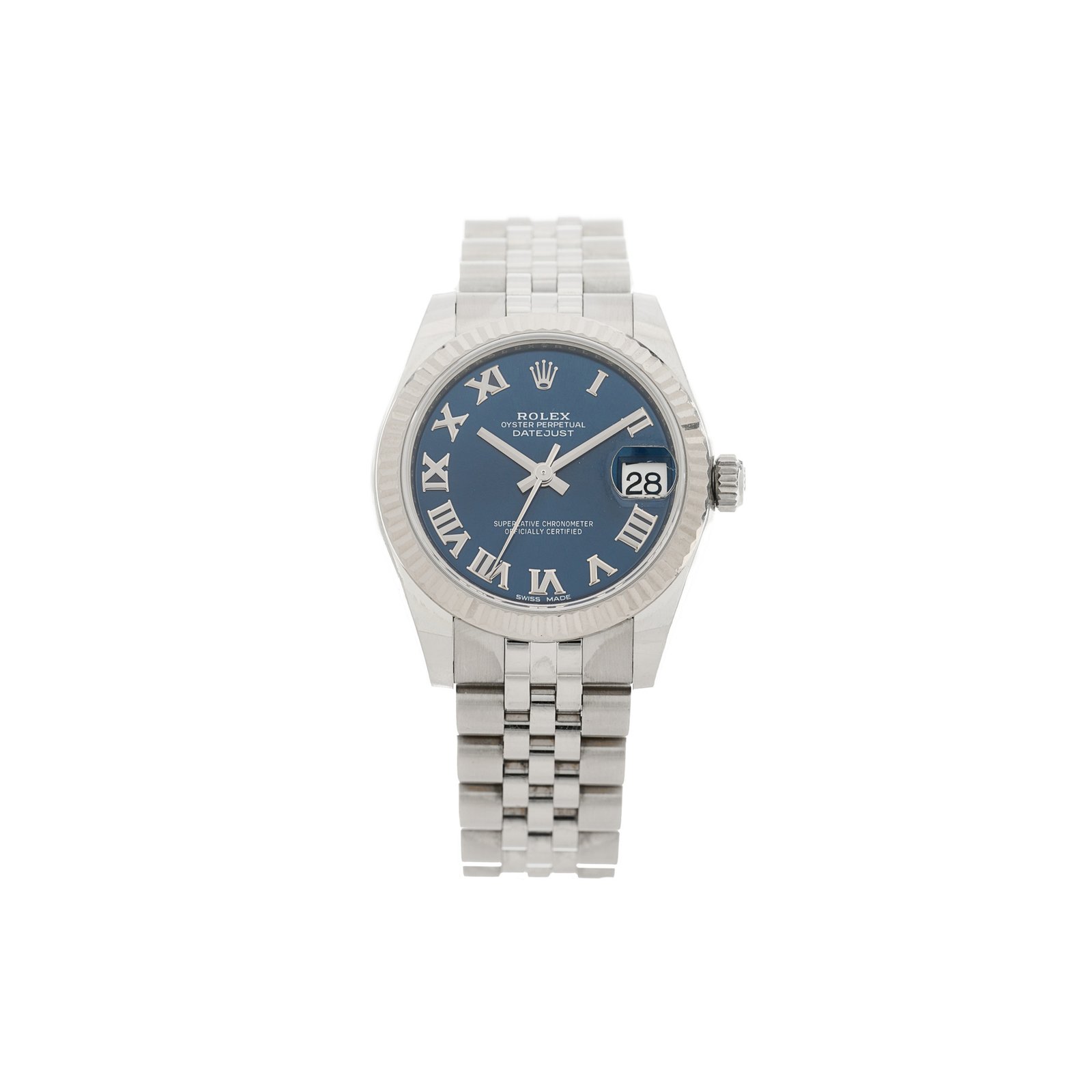 03a20ff980651523529177f5e5fb40f05089e014 ROLEX STAINLESS STEEL 18K WHITE GOLD 31MM OYSTER PERPETUAL DATEJUST WATCH BLUE ROMAN 178274 - Image 1