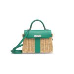 HERM�S MASTER VERT V�RONE SWIFT LEATHER & OSIER MINI PICNIC KELLY 20 WITH PALLADIUM HARDWARE (20*14*8cm)