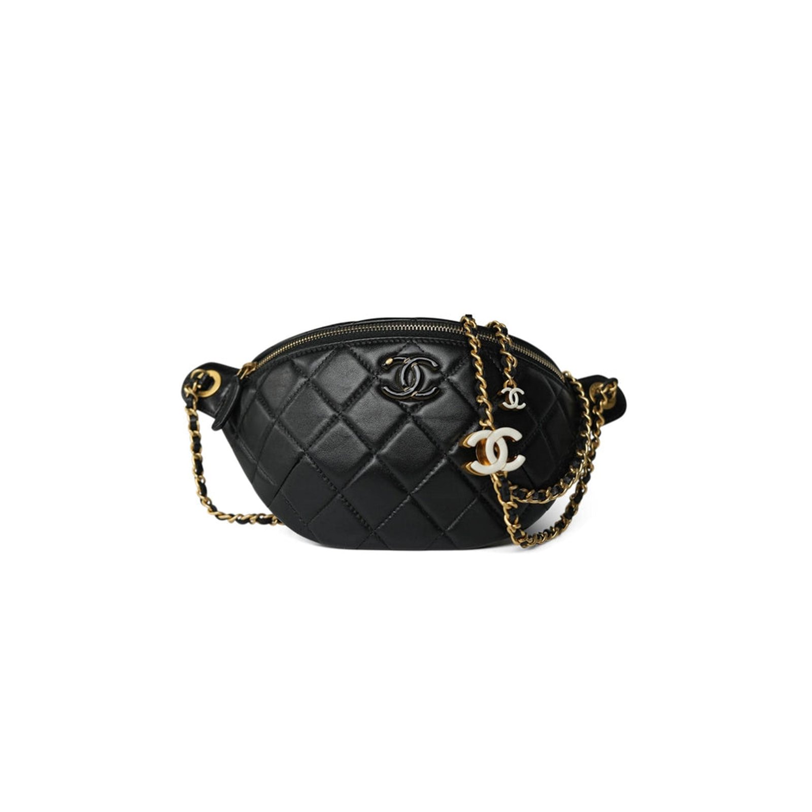 119f653fd4e14e220f5d91ecf5147a4d004e3d3b CHANEL 24A BLACK LAMBSKIN QUILTED WAIST BAG BUMBAG ENAMEL CC CHAIN AGED GOLD HARDWARE AS4113 (27*13cm) - Image 1