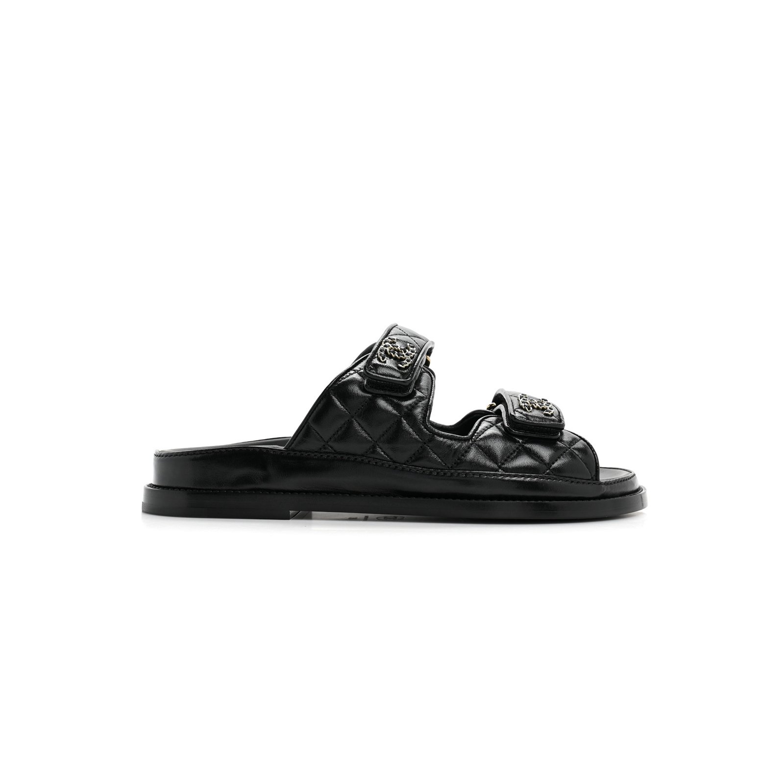 11bc003ee0dba7169896bc9dea1b54fa5746d8ec CHANEL LAMBSKIN QUILTED VELCRO DAD CHAIN CC SLIDE SANDALS BLACK G45507 - Image 1