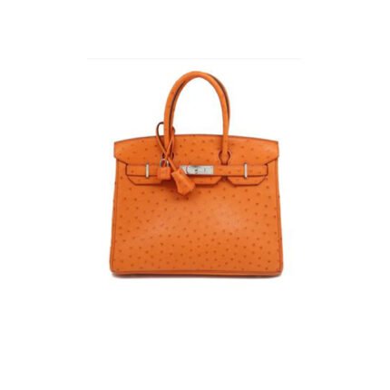 HERM�S MASTER BIRKIN 30 OSTRICH LEATHER ORANGE SILVER BUCKLE H041933CK85 (30*22*16cm)