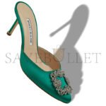 MANOLO BLAHNIK HANGISIMU GREEN SATIN JEWEL BUCKLE MULES 9XX-0726-0050 - Image 3