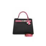 HERM�S MASTER KELLY 25 BLACK AND ROSE AZALEE EPSOM HARDWARE (25*17*7cm)