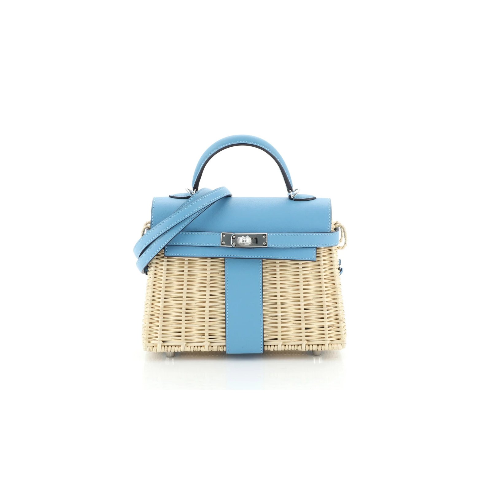 17f379796df4565319fa27916c5b1b77cd269670 HERM�S MASTER PICNIC MINI KELLY 20 HANDBAG BLEU DU NORD SWIFT AND WICKER WITH PALLADIUM HARDWARE (20*14*8cm) - Image 1