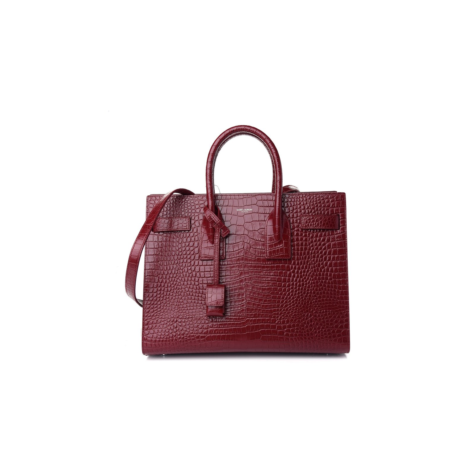 1cd27fc994c3d1f2bb516ba2750714d28d44641c YSL SAC DE JOUR EMBOSSED CROCODILE SHINY LEATHER RED LACQUER 898383 (26*20.5*12.5cm) - Image 1