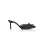 MANOLO BLAHNIK HANGISIMU NAVY BLUE SATIN JEWEL BUCKLE MULES 9XX-0726-0045