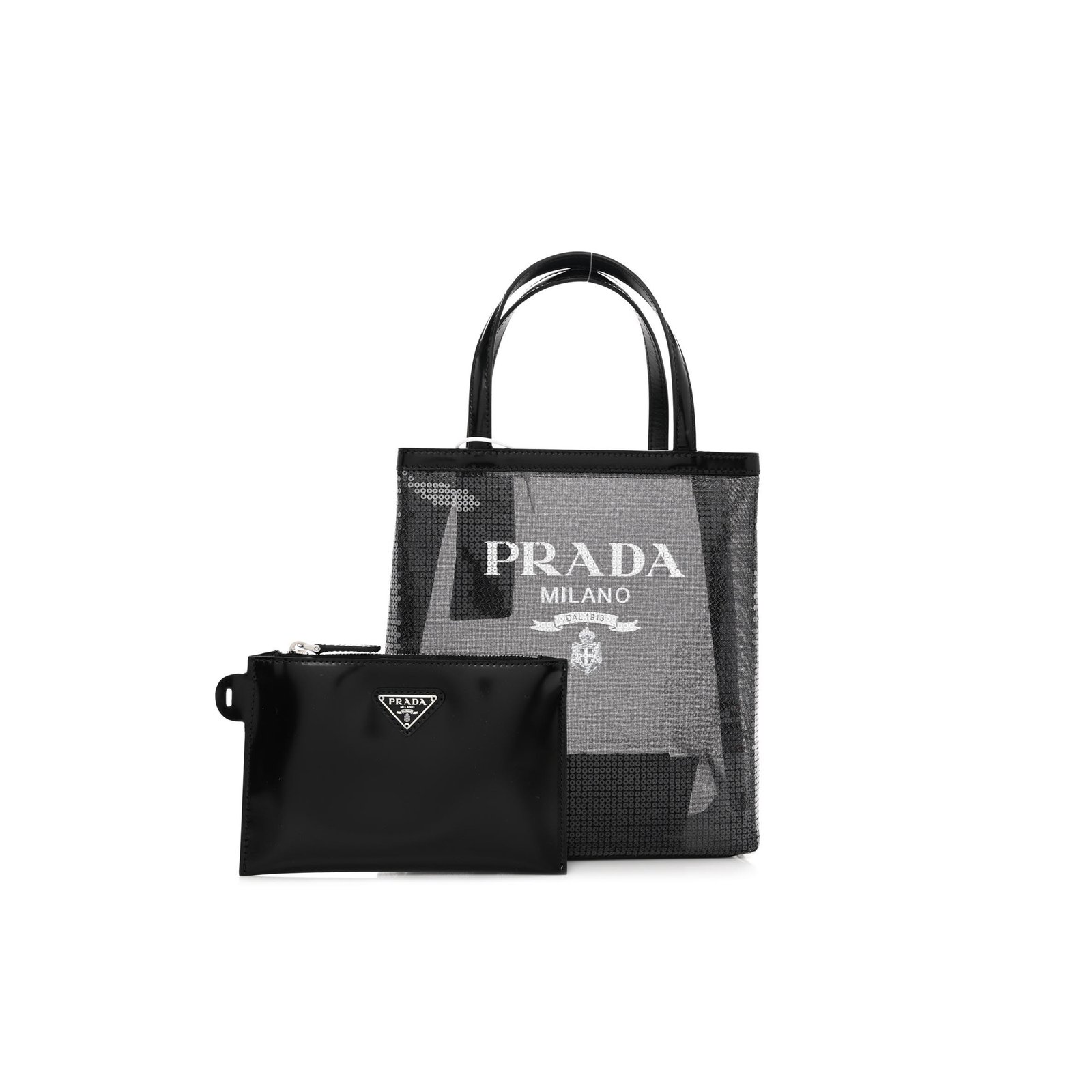203c0585a0e56235904c47a9812fe9bb4afc9199 PRADA SEQUIN MESH SMALL TOTE BAG BLACK (22*20*8cm) - Image 1