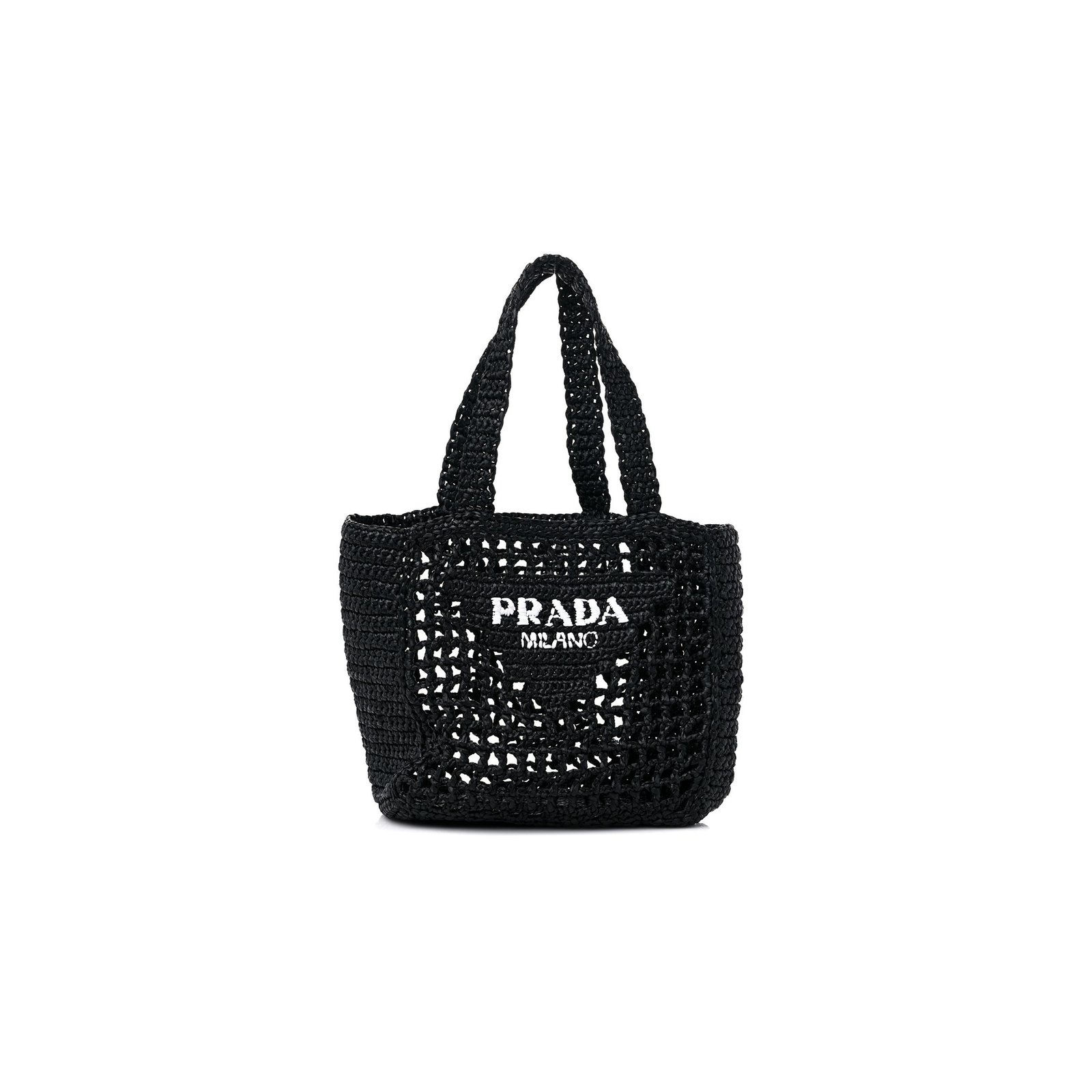 207f8130d94b1d16e9924cfa9d0f8e1ea44672e8 PRADA RAFFIA EMBROIDERED SMALL LOGO TOTE BAG BLACK (23*22*11cm) - Image 1