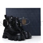 PRADA SPAZZOLATO ROIS RE-NYLON METAL TRIANGLE LOGO MENS MONOLITH POUCH POCKET 60MM COMBAT BOOTS 9.5 BLACK - Image 2