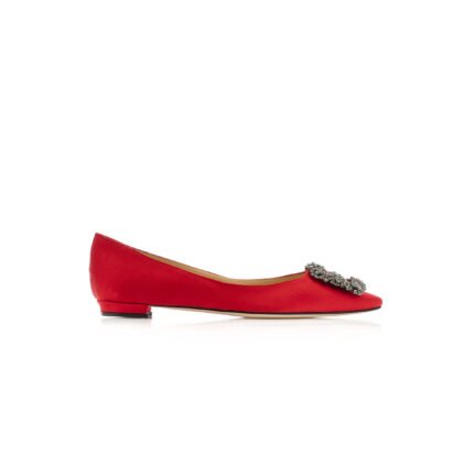 MANOLO BLAHNIK HANGISIFLAT RED SATIN JEWEL BUCKLE FLAT PUMPS 9XX-0348-0052