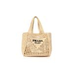 PRADA RAFFIA EMBROIDERED SMALL LOGO TOTE BAG NATURALE (21*21*11cm)
