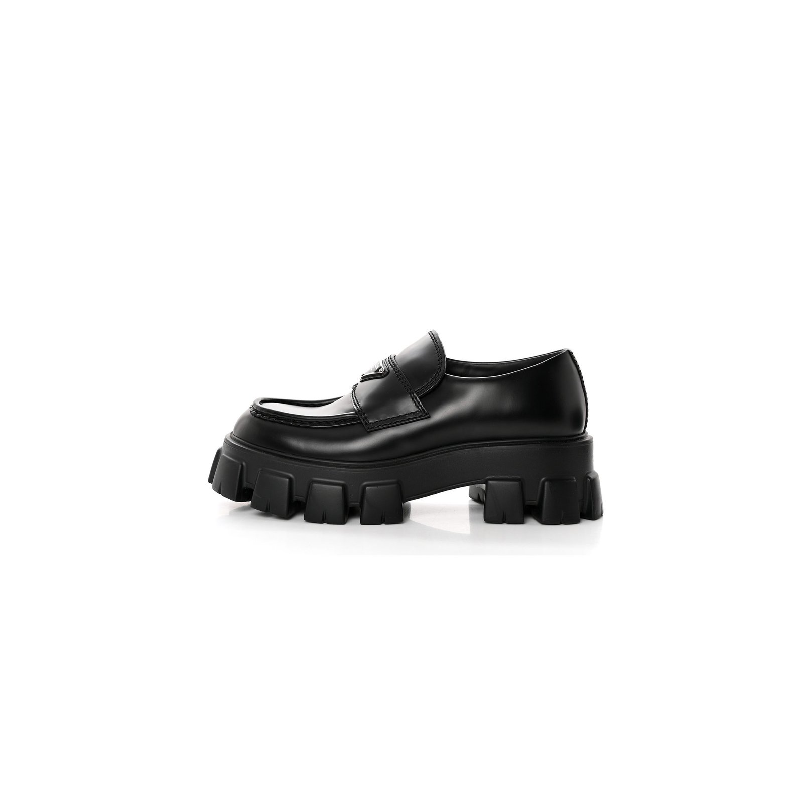 33a84075404eed46fe96009f01bba553a99806b2 PRADA SPAZZOLATO ROIS METAL TRIANGLE LOGO MENS MONOLITH 55MM LOAFERS 6 BLACK - Image 1