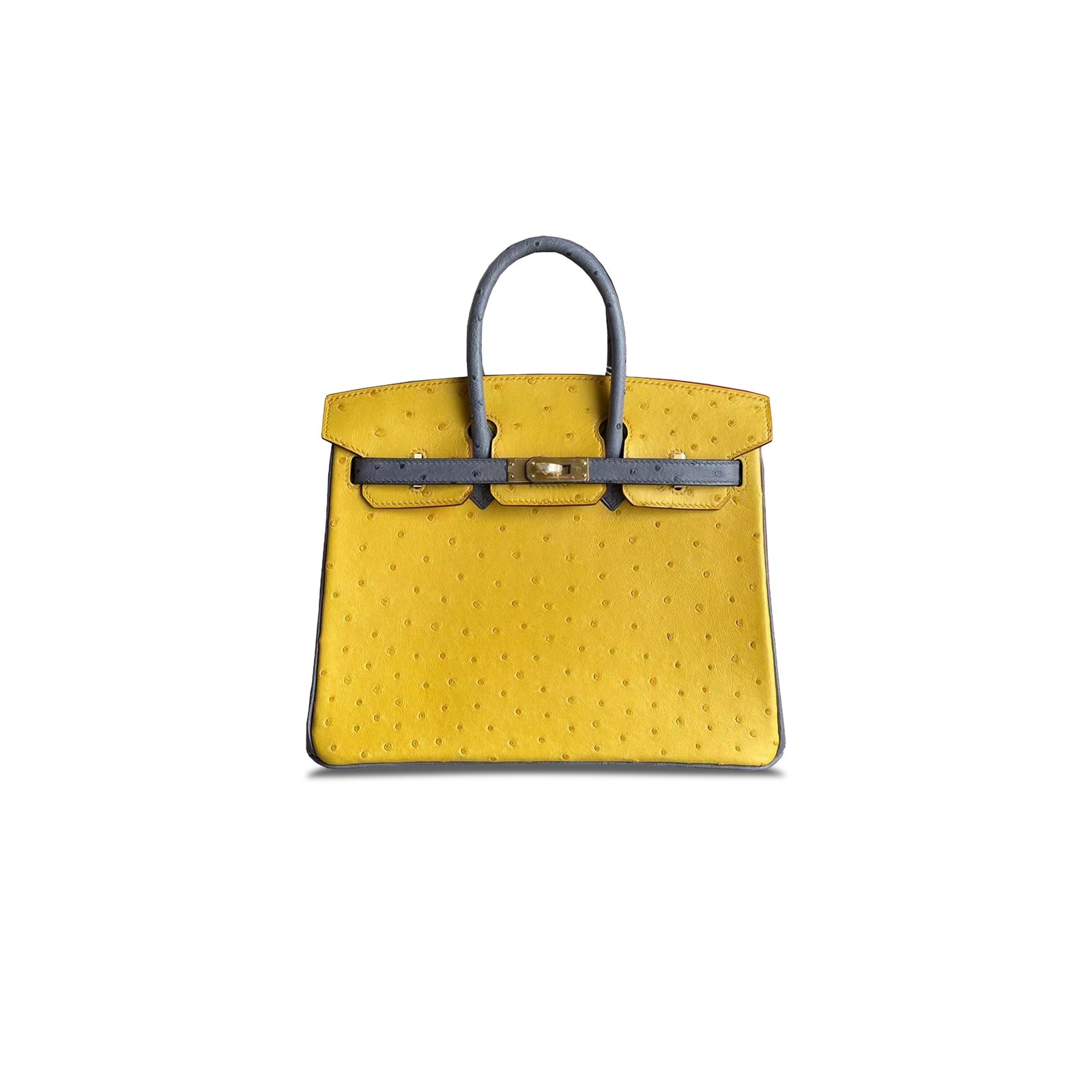 3619be224f67f54ba28dcbd6818a17935657565e HERM�S MASTER BIRKIN 25 OSTRICH LEATHER AMBER YELLOW AND AGATE GREY GOLD BUCKLE H041944CK60 (25*20*13cm) - Image 1