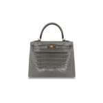 HERM�S MASTER KELLY 25 SELLIER GRIS CEMENT SHINY ALLIGATOR GOLD HARDWARE (25*17*7cm)