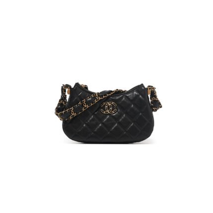 CHANEL BLACK QUILTED LAMBSKIN HOBO BAG BRUSHED GOLD HARDWARE (20.5*12*4.5cm)