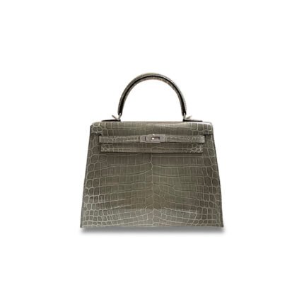 HERM�S MASTER KELLY 25 TURTLEDOVE GREY SHINY CROCODILE SILVER BUCKLE (25*17*7cm)