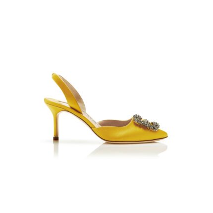 MANOLO BLAHNIK HANGISLI YELLOW SATIN JEWEL BUCKLE SLINGBACK PUMPS 419-0473-0013