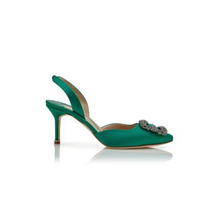 MANOLO BLAHNIK HANGISLI GREEN SATIN JEWEL BUCKLE SLINGBACK PUMPS 419-0473-0007
