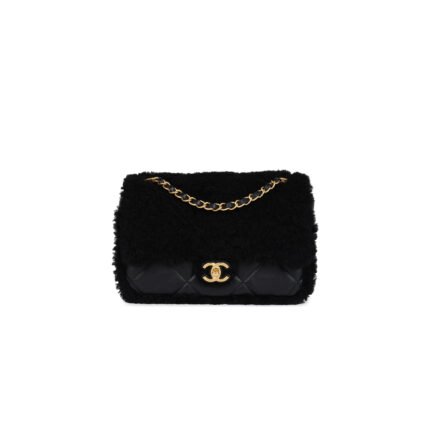 CHANEL MEDIUM SHEARLING FLAP BAG BLACK LAMBSKIN BRUSHED GOLD HARDWARE (23.5*16*7.5cm)