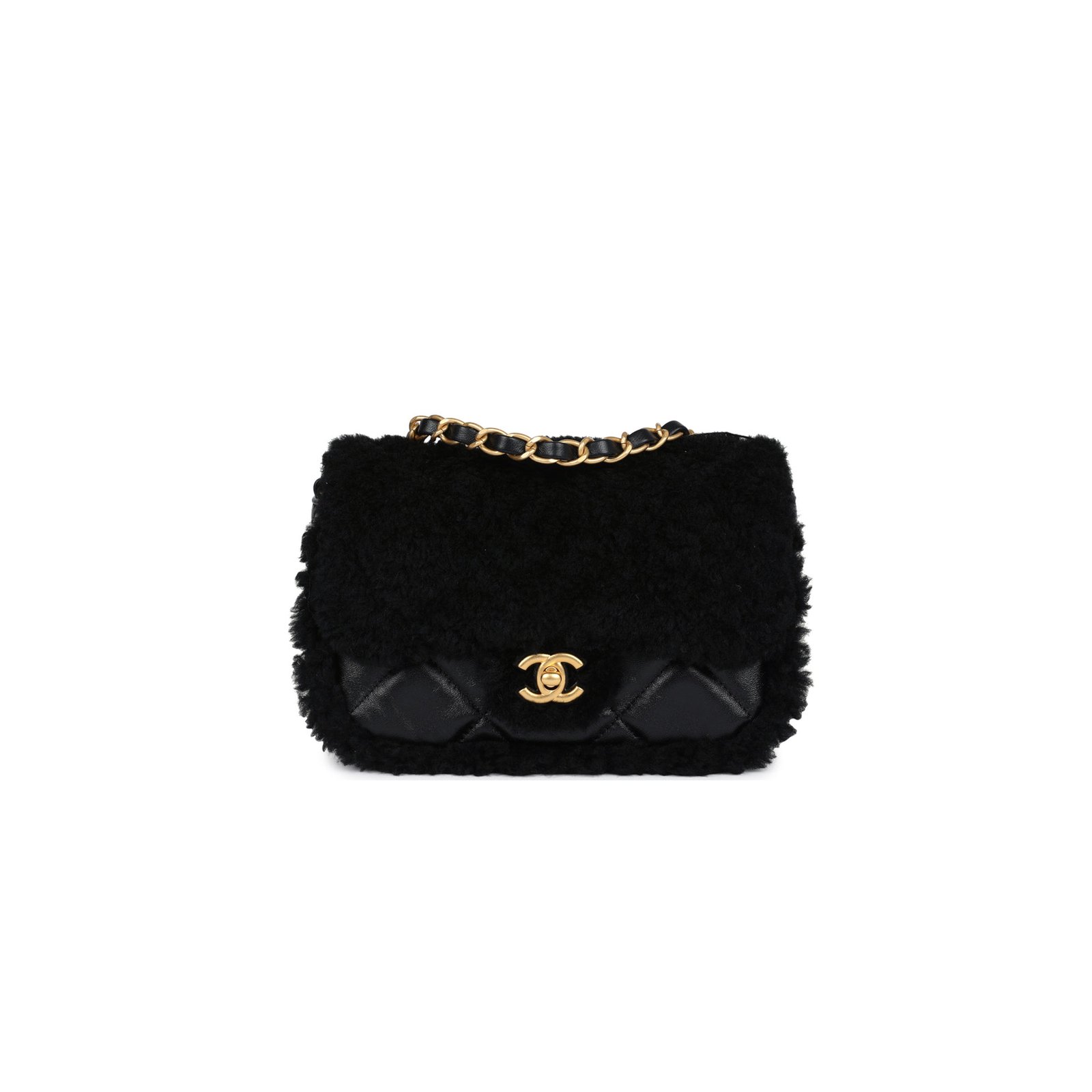 48fb089645ffa4788d321d4cde6d91737ddcc88e CHANEL MINI SHEARLING FLAP BAG BLACK LAMBSKIN BRUSHED GOLD HARDWARE AS5148 (18*12*6cm) - Image 1