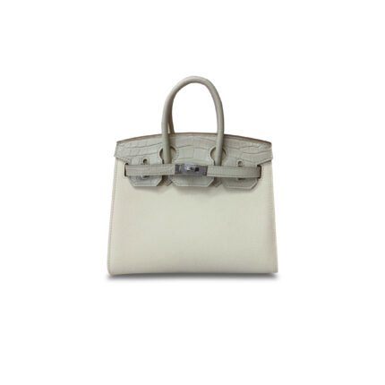 HERM�S MASTER BIRKIN 20 CROCODILE AND CALF LEATHER MILKSHAKE WHITE GLACIER WHITE SILVER BUCKLE H076210CK06 (20*16*11cm)