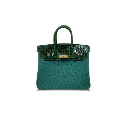 HERM�S MASTER BIRKIN 25 OSTRICH LEATHER AND CROCODILE LEATHER VELVET GREEN GOLD BUCKLE H041944CK8K (25*20*13cm)