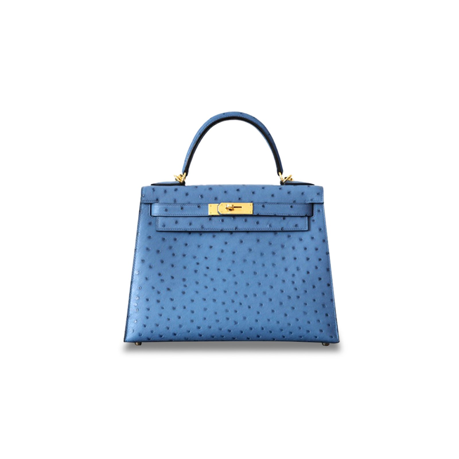 60b5e265a888da28ff4dfd095519fbeb381ff929 HERM�S MASTER KELLY 28 OSTRICH PRUSSIAN BLUE GOLD BUCKLE (28*22*10cm) - Image 1