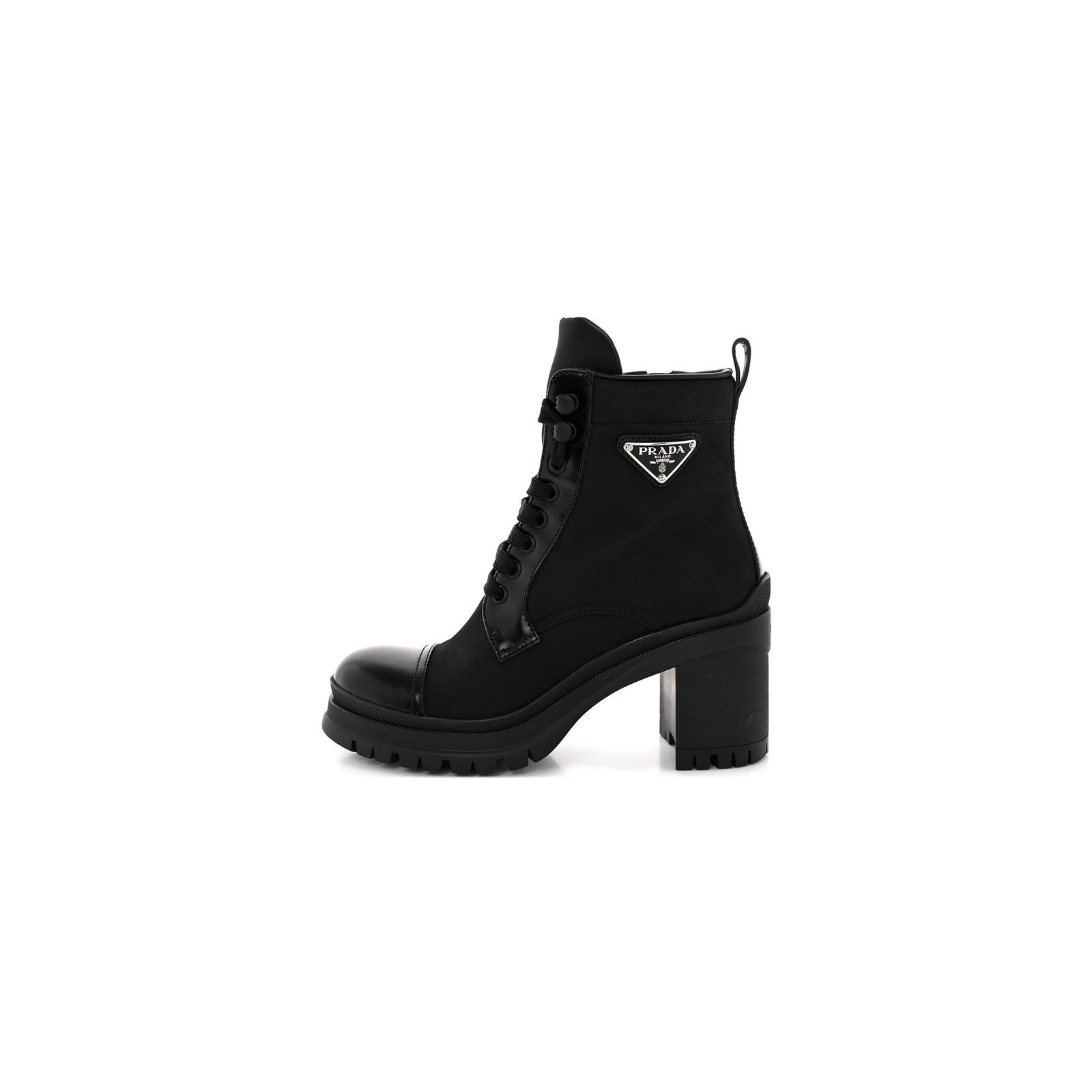 629390643dfd1c4e31fb180a845c2681a2ae5e71 PRADA SPAZZOLATO RE-NYLON METAL TRIANGLE LOGO LACE UP 85MM BOOTS 35.5 BLACK - Image 1