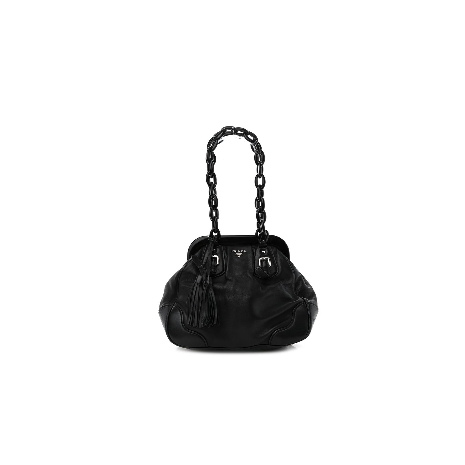 6642b9cde780be30525909907e94df7e49204c48 PRADA CALFSKIN SWING CHAIN FRAME BAG BLACK (25*23*10cm) - Image 1