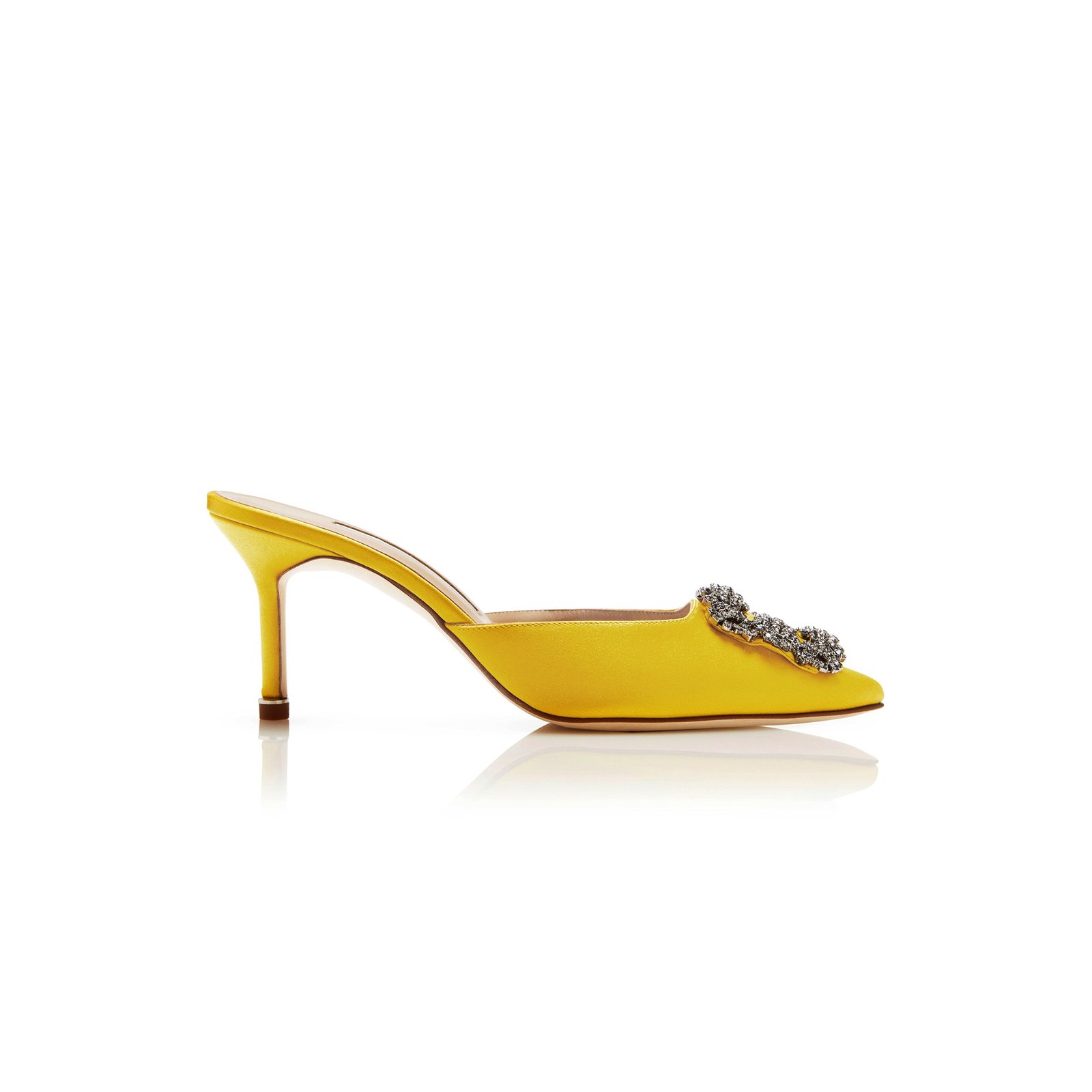 684dc68c9ae14b1cd53f47c9ea2958cdbfcad78e MANOLO BLAHNIK HANGISIMU YELLOW SATIN JEWEL BUCKLE MULES 9XX-0726-0056 - Image 1