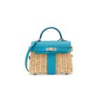 HERM�S MASTER BLEU DU NORD SWIFT LEATHER & OSIER MINI PICNIC KELLY 20 WITH PALLADIUM HARDWARE (20*14*8cm)