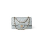 CHANEL VINTAGE LIGHT BLUE LAMBSKIN QUILTED CLASSIC FLAP MEDIUM GOLD HARDWARE (25.5*15*7cm)