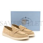 PRADA VITELLO SCAMOSCIATO METAL TRIANGLE LOGO SAINT TROPEZ 25MM LOAFERS 40 ECRU - Image 2