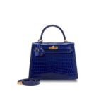 HERM�S MASTER ELECTRIC SHINY BLUE CROCODILE KELLY 25 GOLD HARDWARE (25*17*7cm)