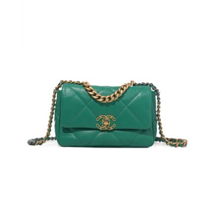 CHANEL GREEN QUILTED LAMBSKIN CHANEL 19 FLAP GOLD AND RUTHENIUM HARDWARE AS1160 (26*16*9cm)