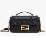 Women Baguette Chain Midi Black Nappa Leather Bag