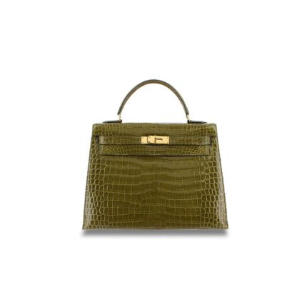 HERM�S MASTER KELLY 28 SHINY NILE CROCODILE OLIVE GREEN GOLD BUCKLE (28*22*10cm)
