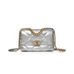 CHANEL 19 FLAP BAG SILVER QUILTED LAMBSKIN GOLD AND RUTHENIUM HARDWARE AS1160 (26*16*9cm)