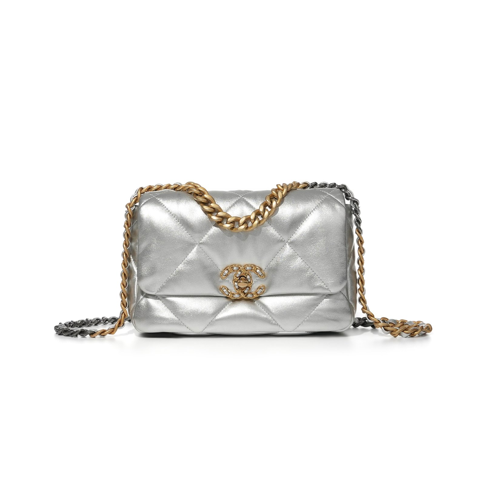 8aeaad412ce56b1db7833ec3025f24f0d830f0f9 CHANEL 19 FLAP BAG SILVER QUILTED LAMBSKIN GOLD AND RUTHENIUM HARDWARE AS1160 (26*16*9cm) - Image 1