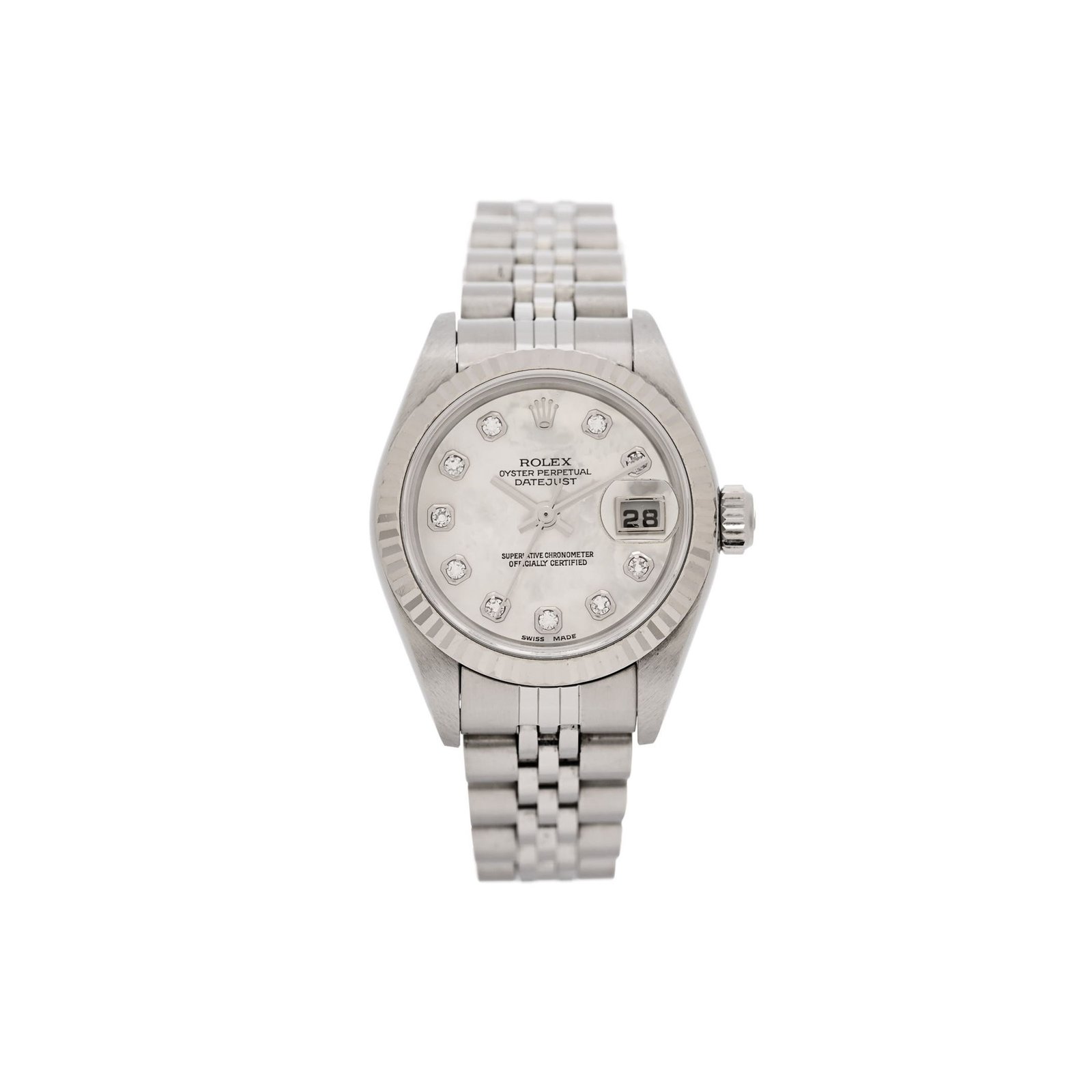 8f584eb5bf89f08022d808a9a128b01a0af5b379 ROLEX STAINLESS STEEL 18K WHITE GOLD DIAMOND MOTHER OF PEARL 26MM OYSTER PERPETUAL DATEJUST WATCH 79174 - Image 1