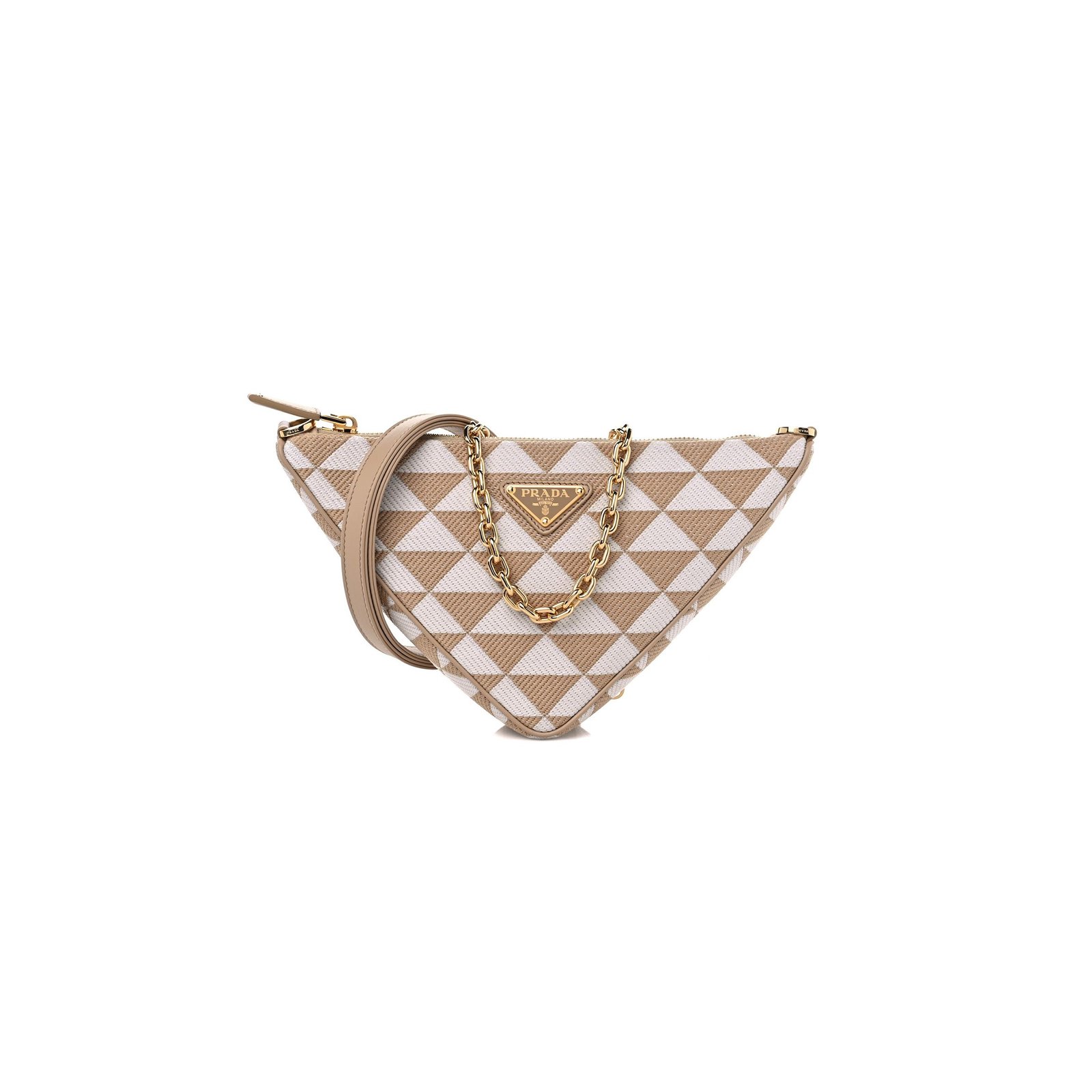 9059f6dd8d3e83025efe0db6064f038f161d8553 PRADA JACQUARD TRIANGOLO SYMBOLE EMBROIDERED MINI TRIANGLE SHOULDER BAG BEIGE CHALK WHITE (27*15*6cm) - Image 1