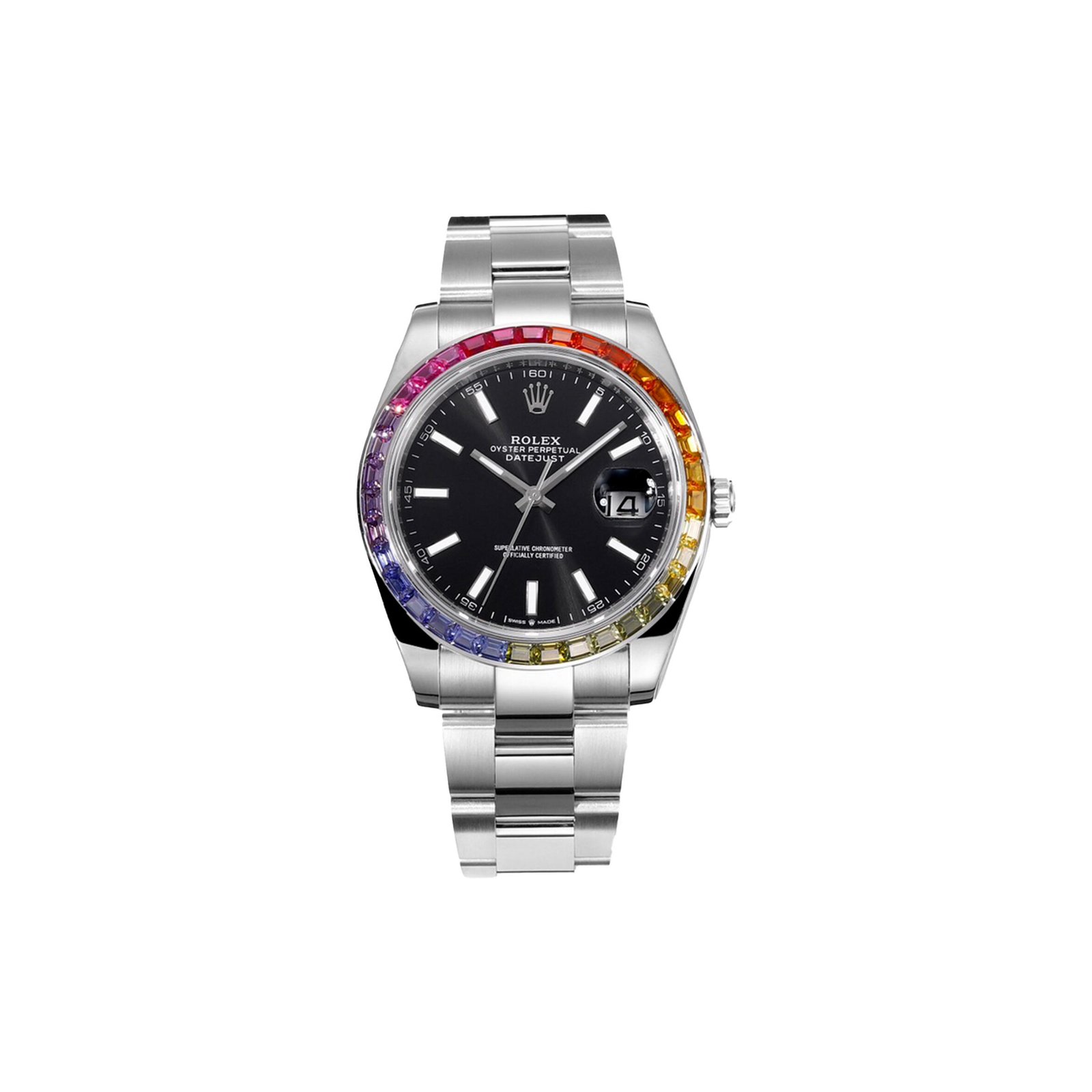 966b7697618eec3f1ca35ad5ca8e335785440fe2 ROLEX DATEJUST RAINBOW BEZEL BLACK DIAL 41MM WATCH 3235 - Image 1