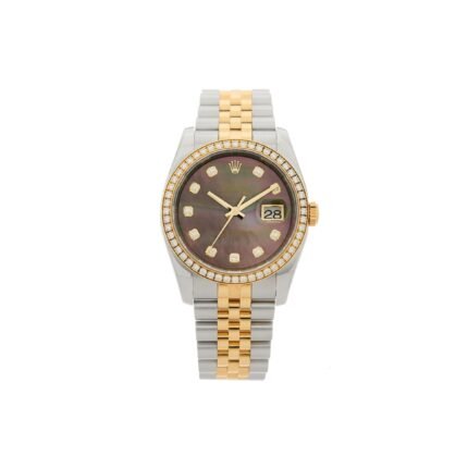 ROLEX STAINLESS STEEL 18K YELLOW GOLD DIAMOND BLACK MOTHER OF PEARL 36MM OYSTER PERPETUAL DATEJUST WATCH 116243