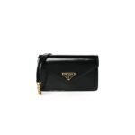 PRADA BRUSHED CALFSKIN ENVELOPE CHAIN CROSSBODY FLAP BLACK (19*13*5cm)
