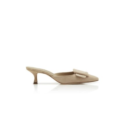 MANOLO BLAHNIK MAYSALE BEIGE SUEDE KITTEN HEEL MULES 9XX-0246-0009