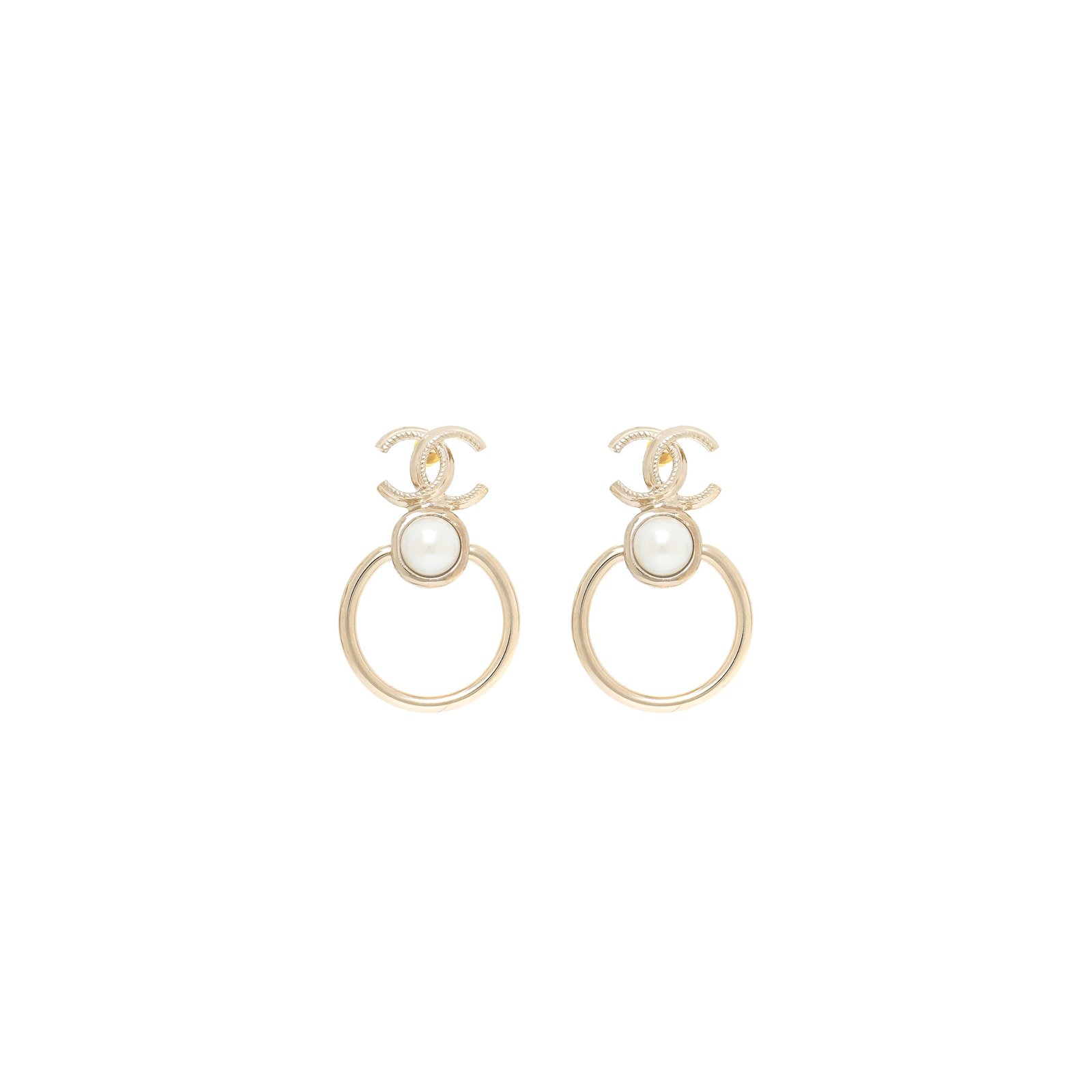 9ca1d8f517d4ba772de8cb146d52ab3424ca9a87 CHANEL METAL PEARL CC HOOP DROP EARRINGS AB7522 - Image 1