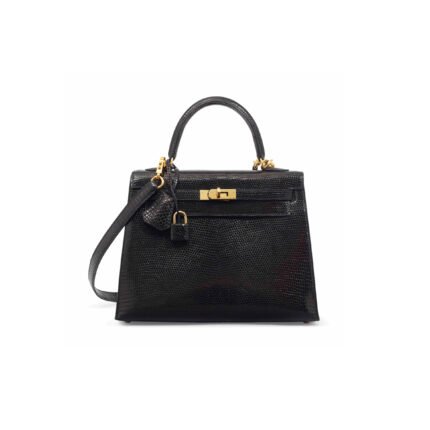 HERM�S MASTER KELLY 25 BLACK LIZARD LEATHER GOLD BUCKLE (25*17*7cm)